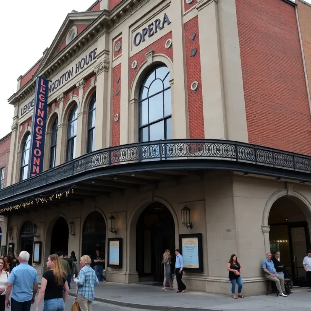 Historic Lexington Opera House building with crowd outside