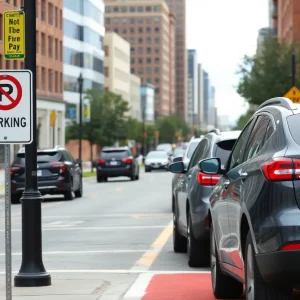 Parking violations on a busy Lexington street with 'No Parking' signs