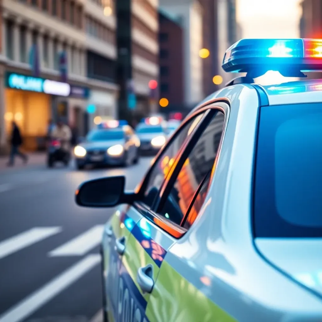 Police car parked on the street with flashing lights in Lexington
