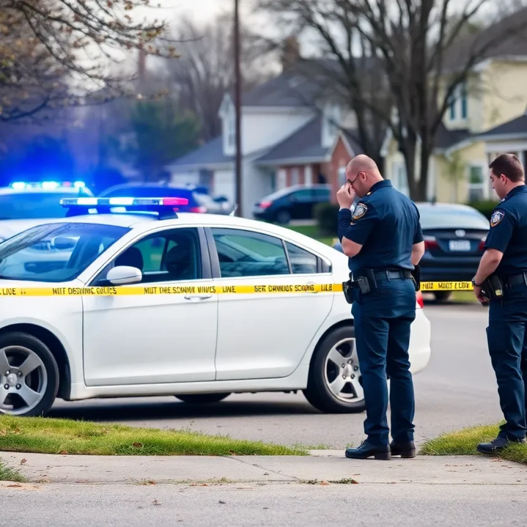 A police officer investigating near a white car in a neighborhood