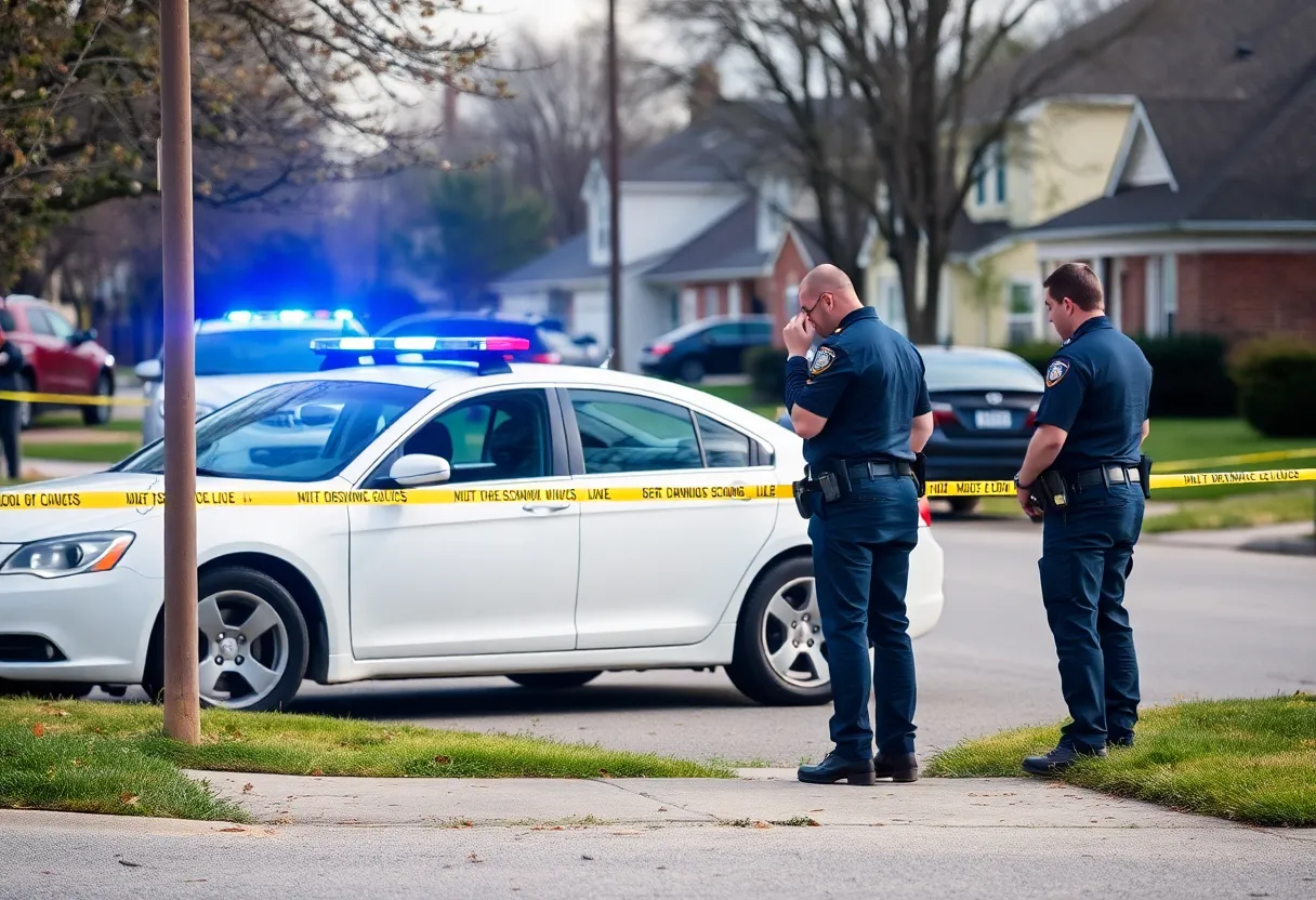 A police officer investigating near a white car in a neighborhood