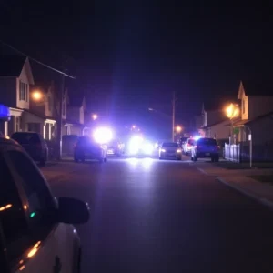Police lights illuminate a Lexington neighborhood at night