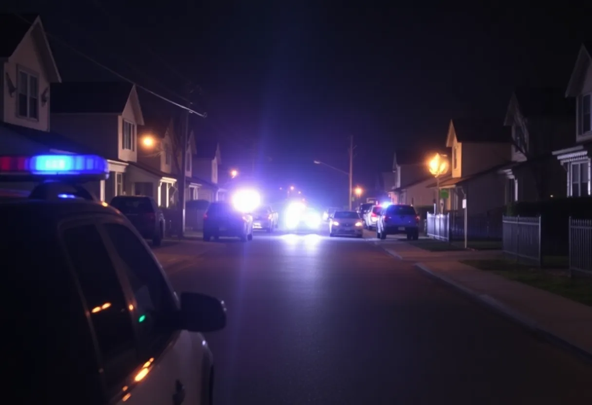 Police lights illuminate a Lexington neighborhood at night