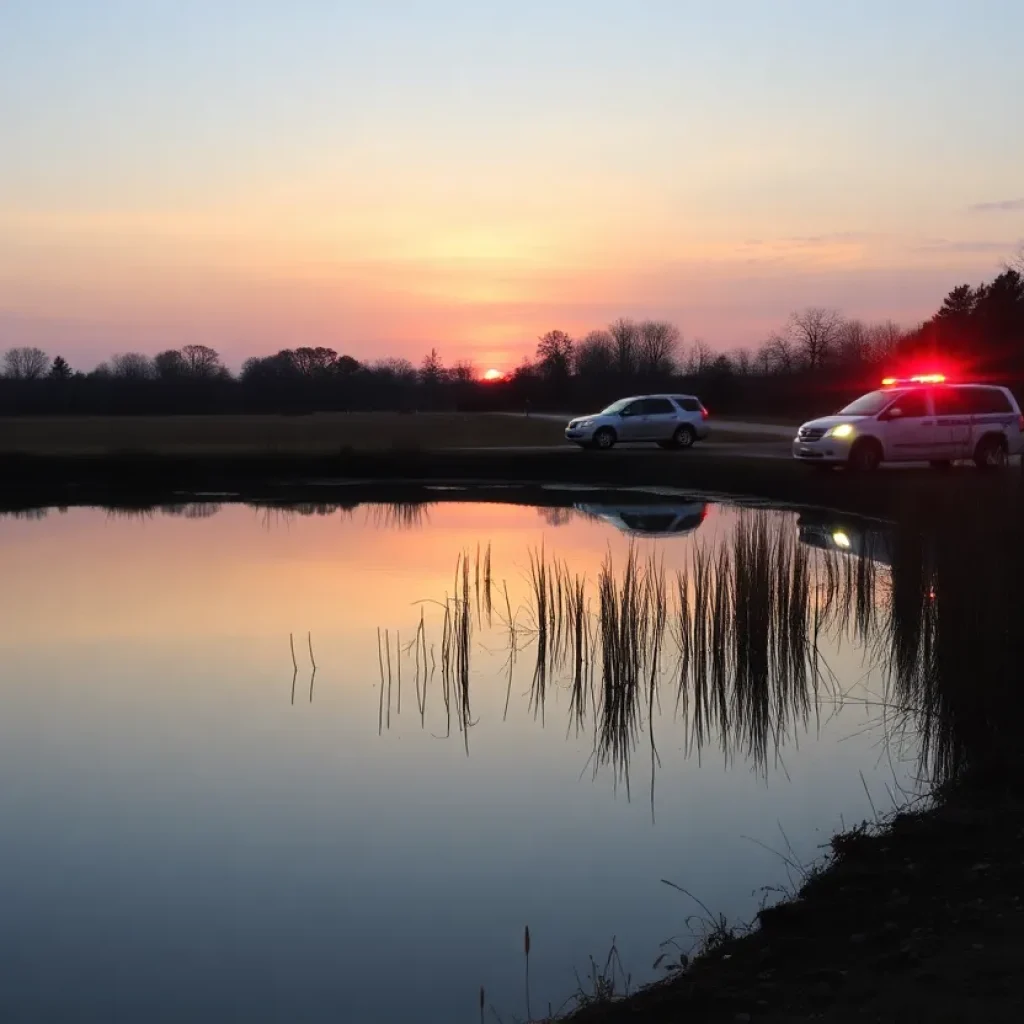 Emergency vehicles near a pond where a search was conducted.
