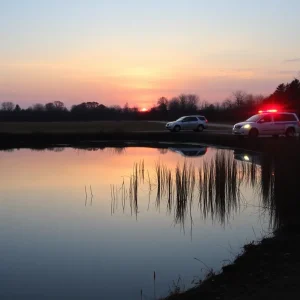 Emergency vehicles near a pond where a search was conducted.