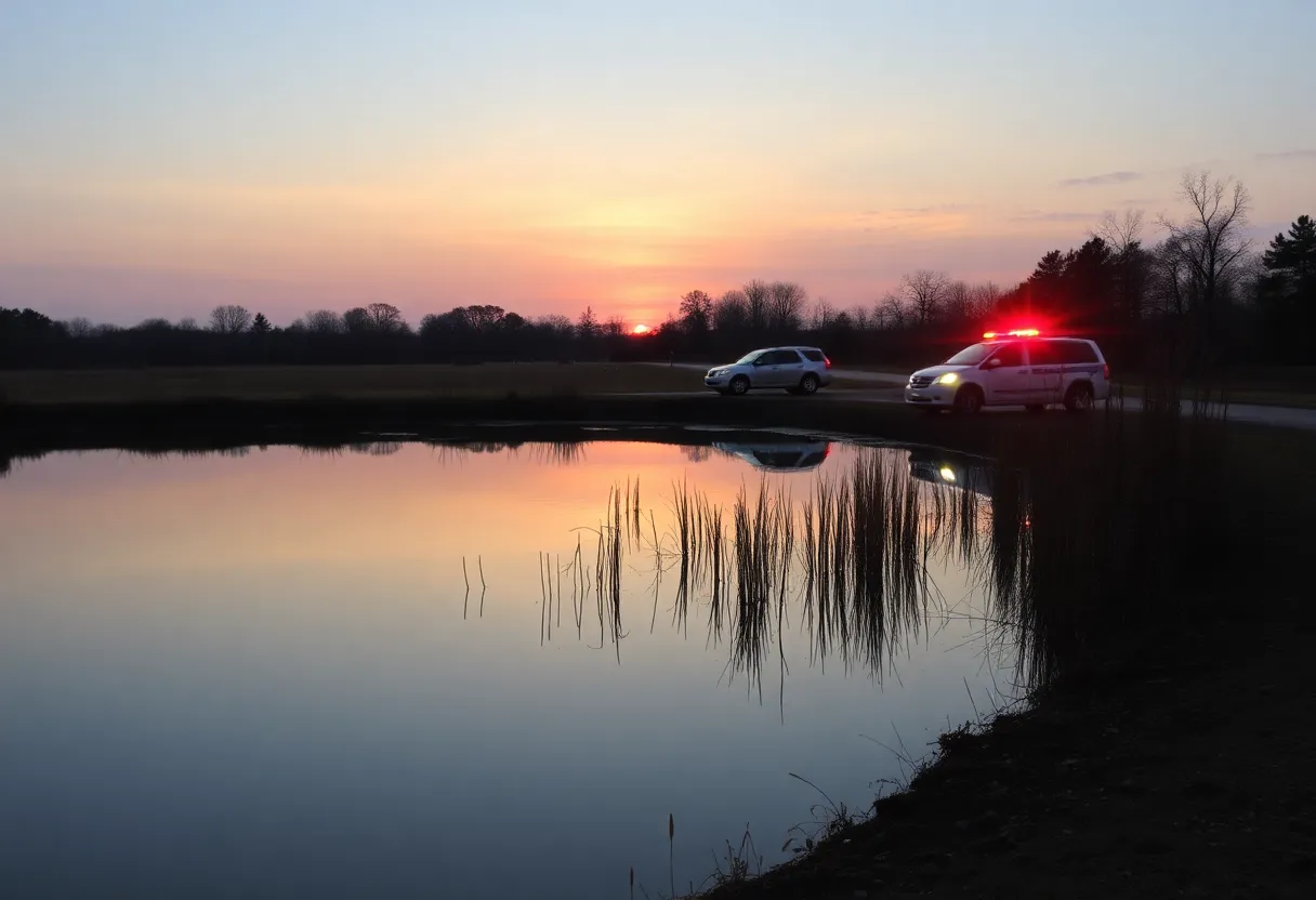 Emergency vehicles near a pond where a search was conducted.