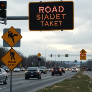 Caution signs on a Lexington road indicating road safety awareness.