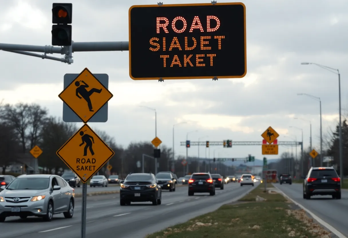 Caution signs on a Lexington road indicating road safety awareness.