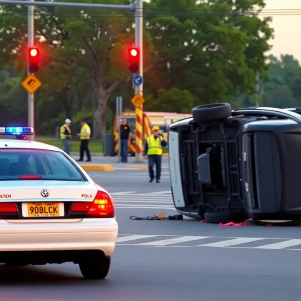 Scene of a rollover crash with police and emergency responders in Lexington