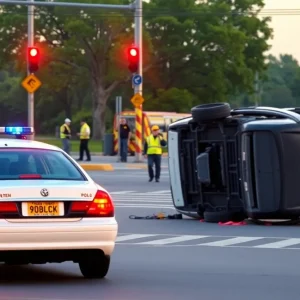 Scene of a rollover crash with police and emergency responders in Lexington