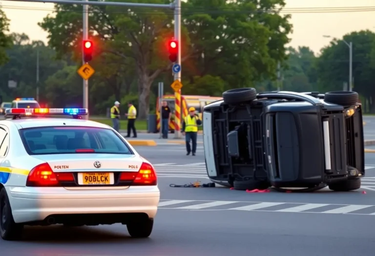 Scene of a rollover crash with police and emergency responders in Lexington