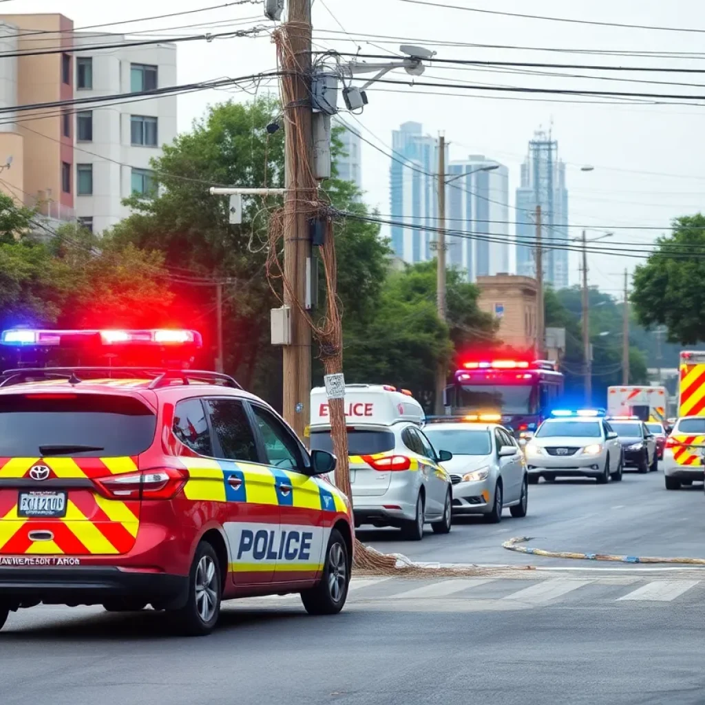 Emergency vehicles respond to a car accident involving a utility pole in Lexington.