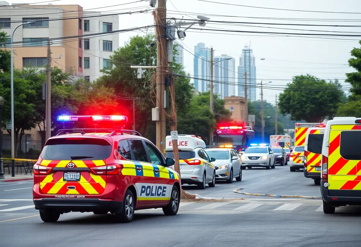 Emergency vehicles respond to a car accident involving a utility pole in Lexington.