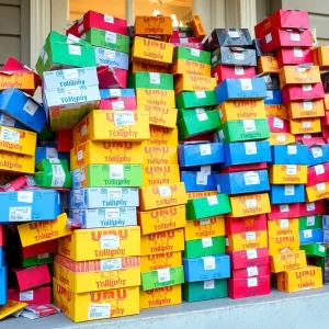 Piles of lollipop boxes on a porch