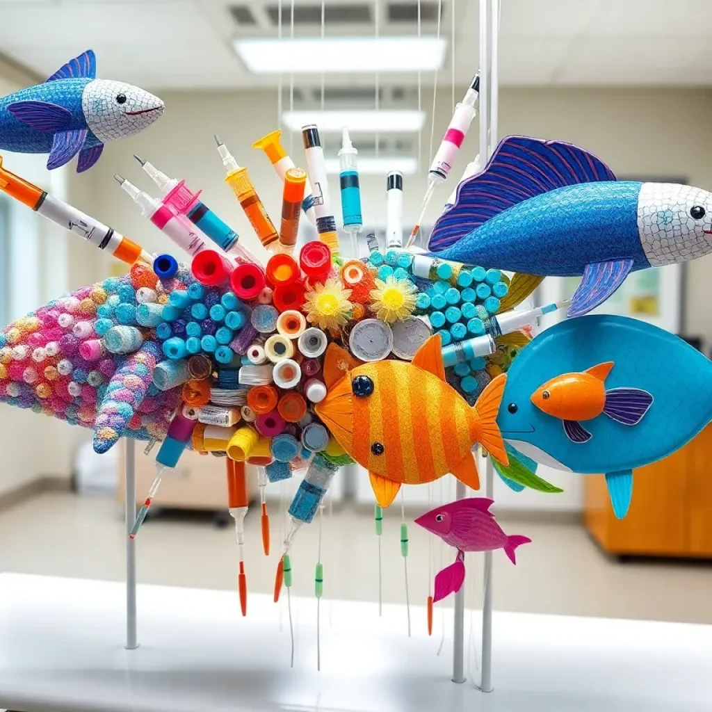 Art installation featuring marine life made from medical waste at Kentucky Children's Hospital