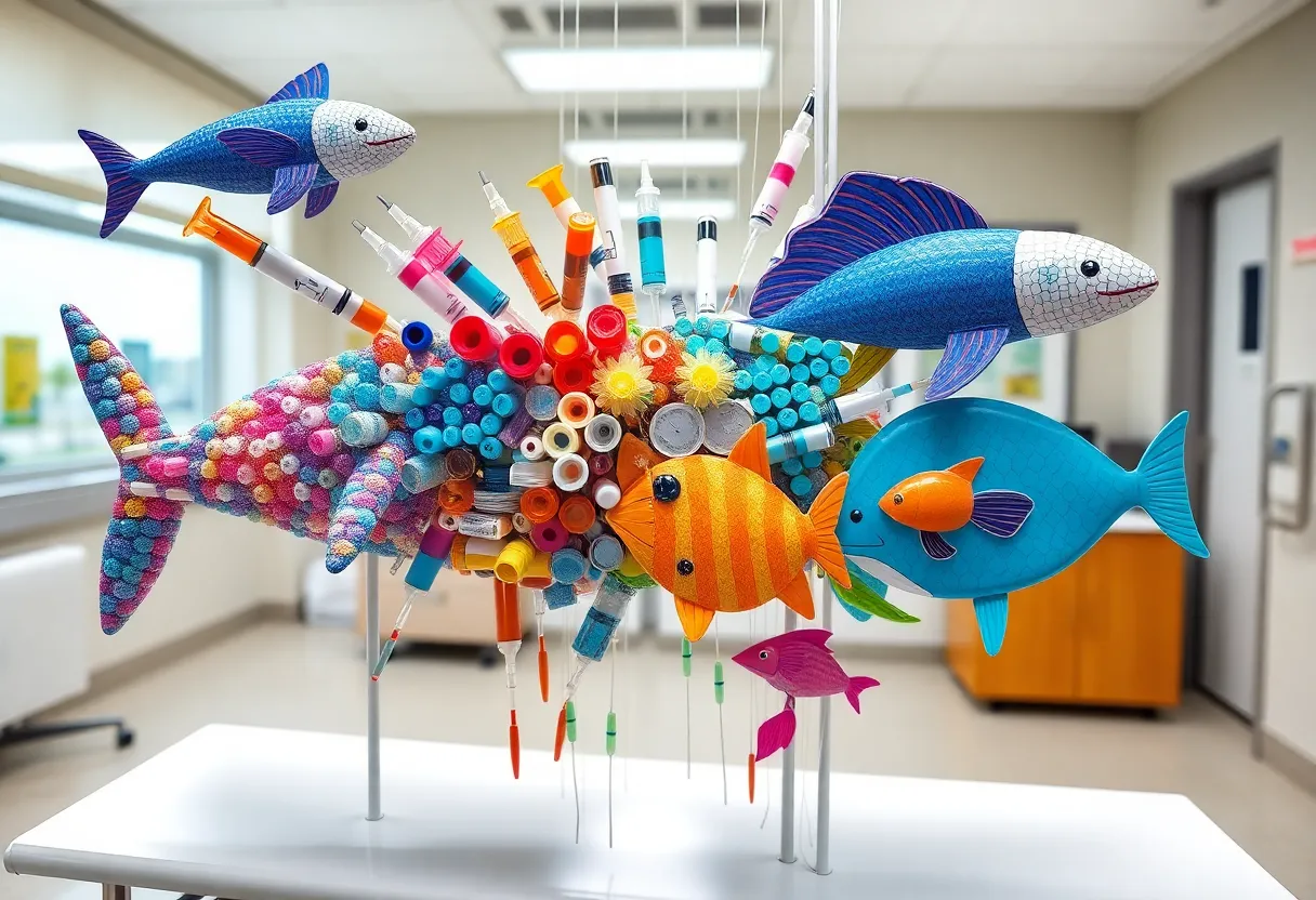 Art installation featuring marine life made from medical waste at Kentucky Children's Hospital