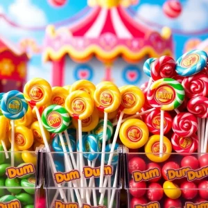 A large stack of Dum-Dum lollipops in cases with a carnival theme.