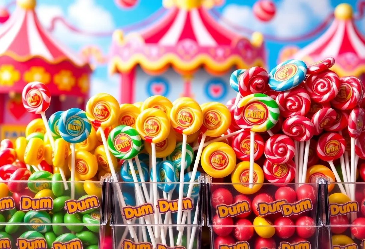 A large stack of Dum-Dum lollipops in cases with a carnival theme.