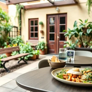 Outdoor café setting at Penny's at Pomegranate in Lexington with healthy food offerings