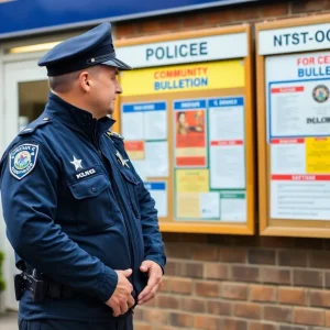 Police officer at community bulletin board