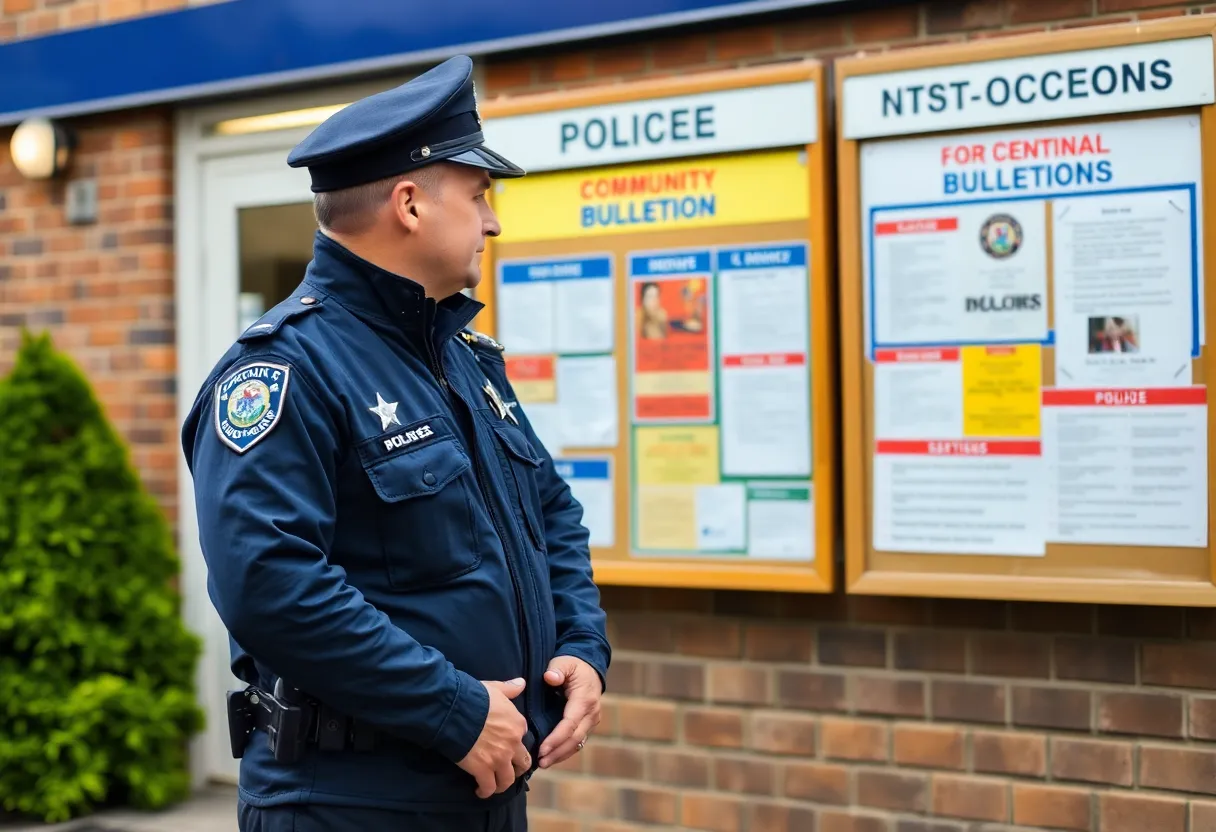 Police officer at community bulletin board
