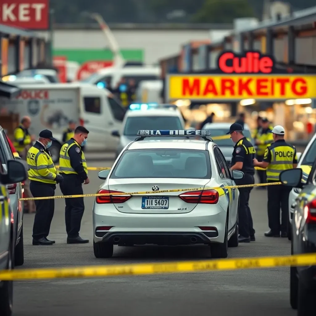Police vehicles and a white car at a market in Lexington