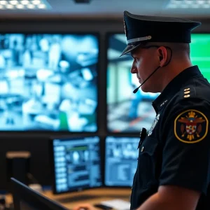Police officer in command center monitoring vehicle surveillance