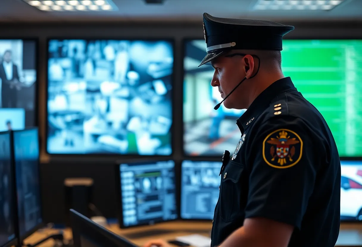 Police officer in command center monitoring vehicle surveillance