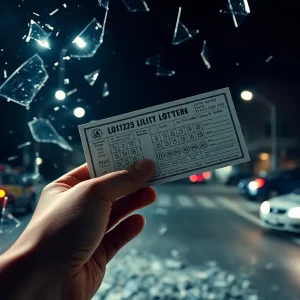 Lottery ticket with police lights in the background.
