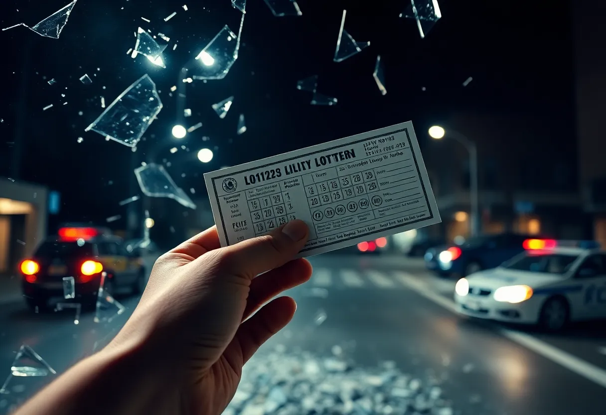Lottery ticket with police lights in the background.