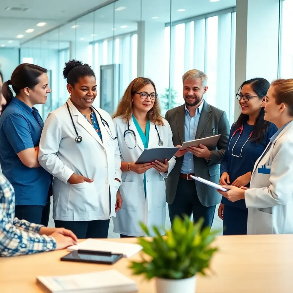A team of health professionals discussing initiatives in a modern office setting.