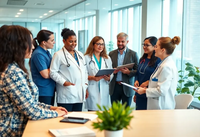 A team of health professionals discussing initiatives in a modern office setting.