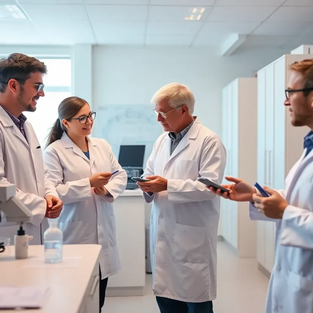 Researchers working in a laboratory focused on Alzheimer's disease studies.