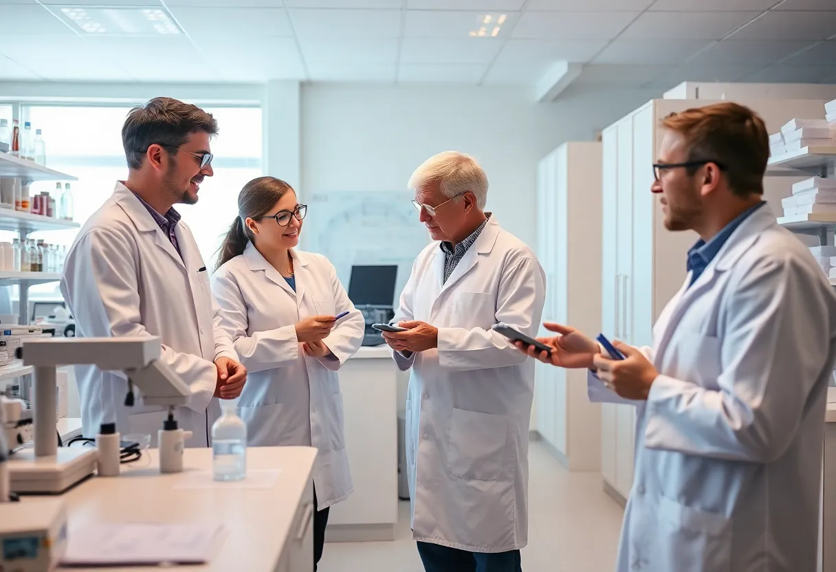 Researchers working in a laboratory focused on Alzheimer's disease studies.