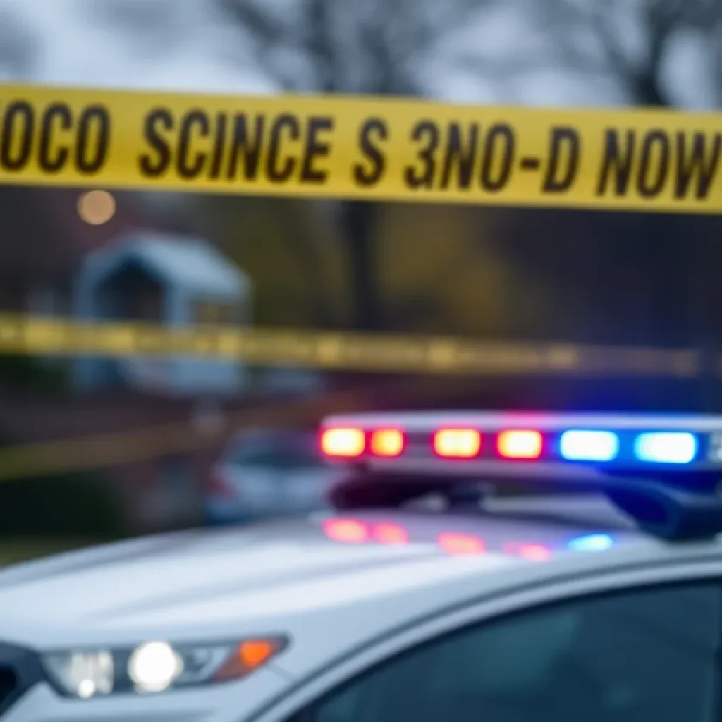 Police officers at a crime scene with flashing lights.