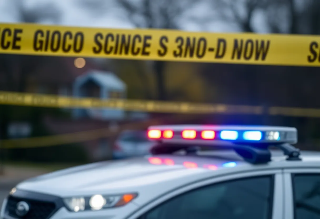 Police officers at a crime scene with flashing lights.