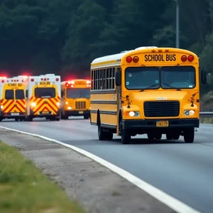 Emergency vehicles near a school bus accident site