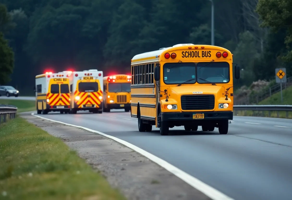 Emergency vehicles near a school bus accident site