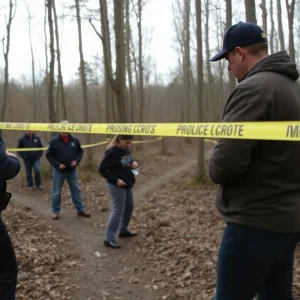 Police and volunteers searching a wooded area for a missing teenager