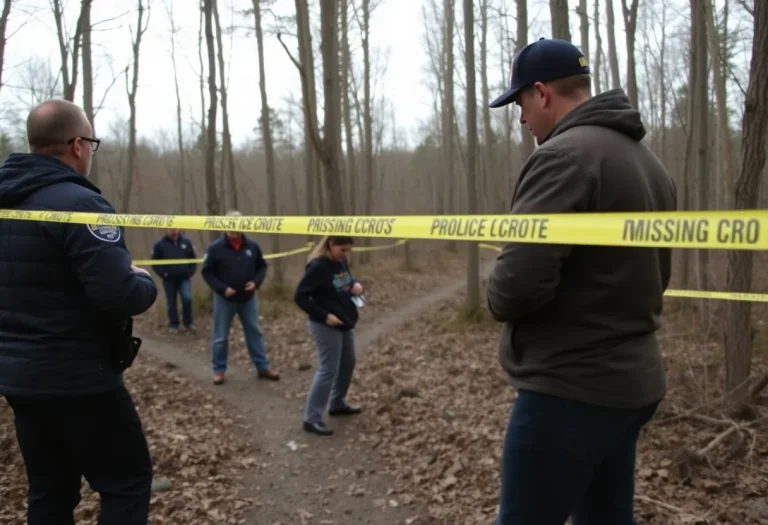 Police and volunteers searching a wooded area for a missing teenager