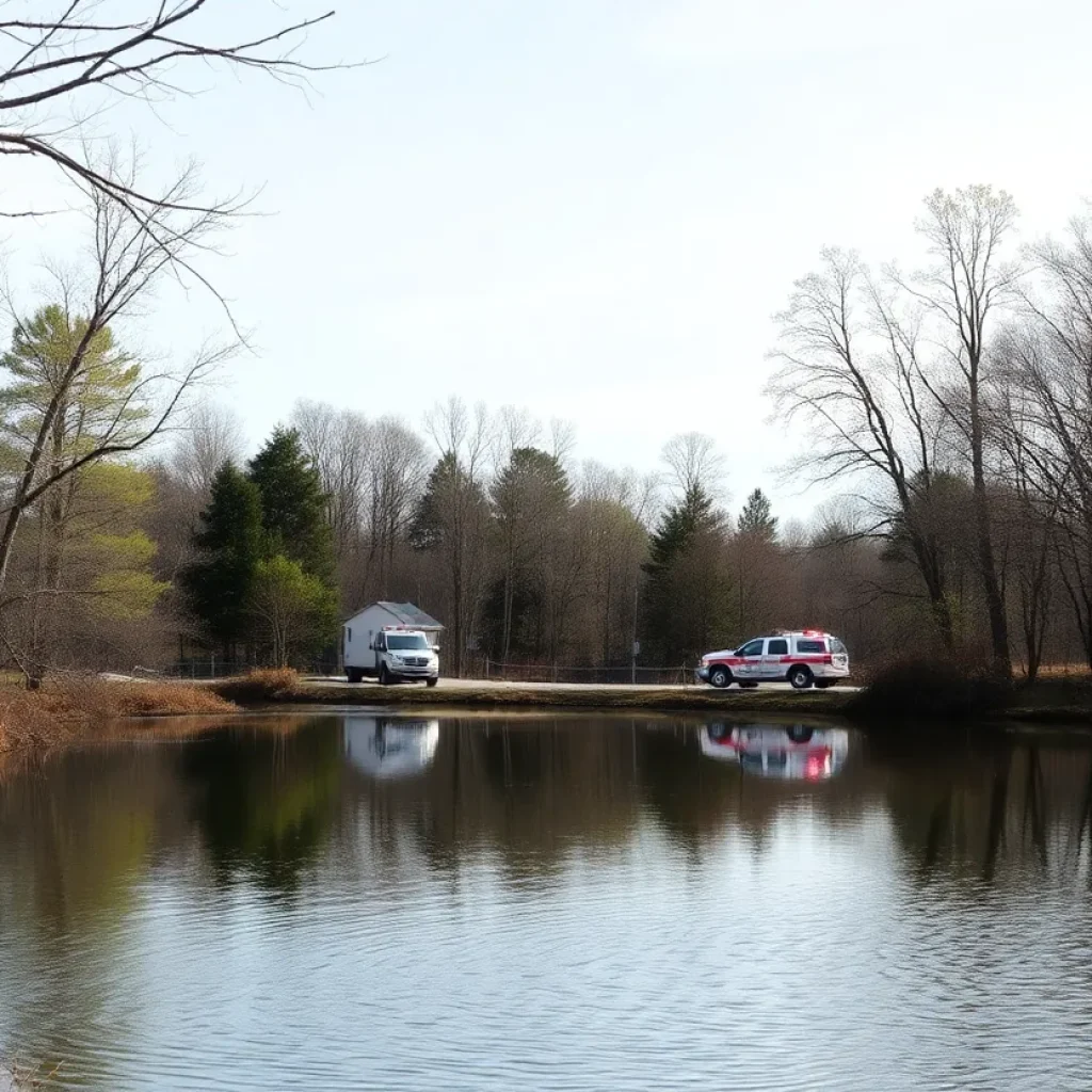 Emergency vehicles around a pond during search operations near Mount Horeb Road in Lexington.