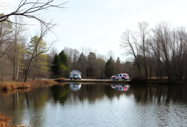 Emergency vehicles around a pond during search operations near Mount Horeb Road in Lexington.