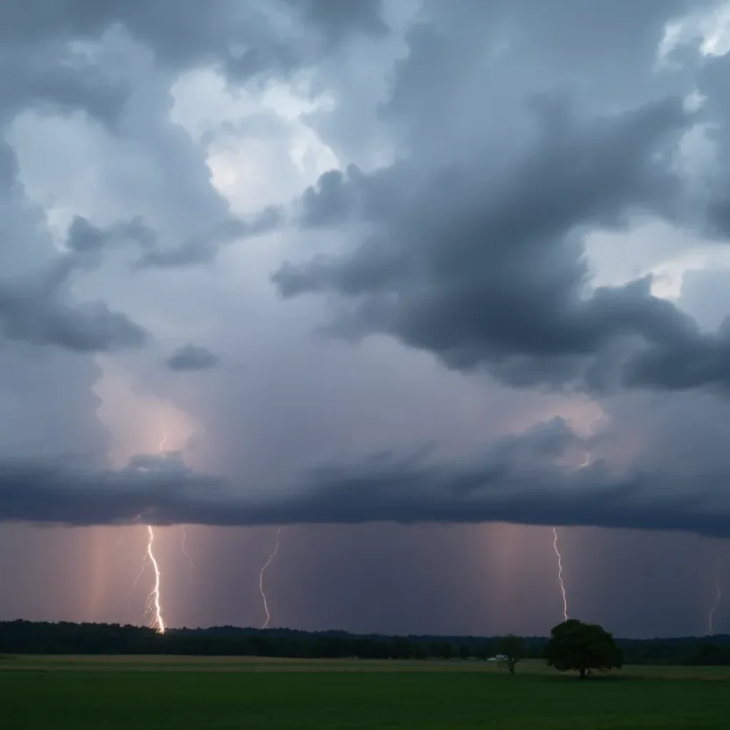 A stormy sky over a Kentucky town warning about severe weather