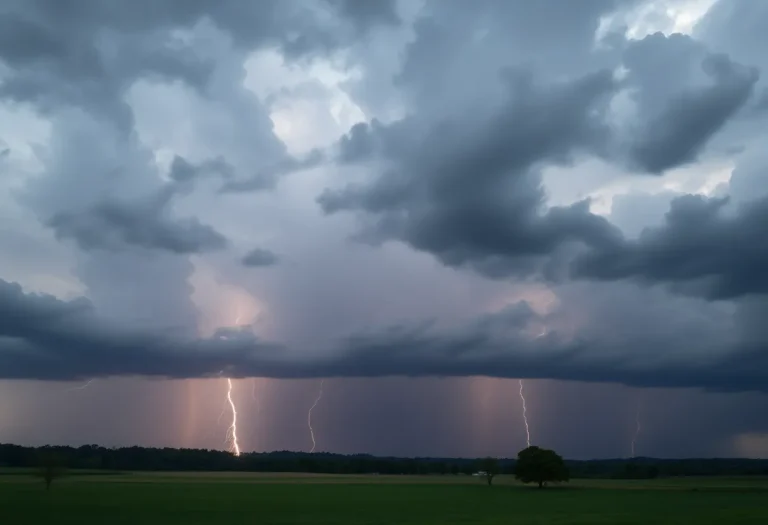 A stormy sky over a Kentucky town warning about severe weather