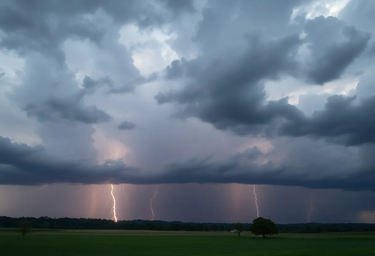 A stormy sky over a Kentucky town warning about severe weather