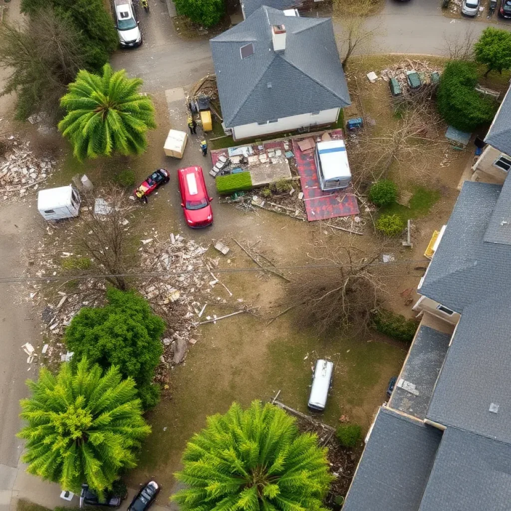 Drone footage showing extensive damage from a storm in Kentucky, with debris and emergency personnel.