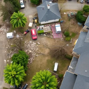 Drone footage showing extensive damage from a storm in Kentucky, with debris and emergency personnel.