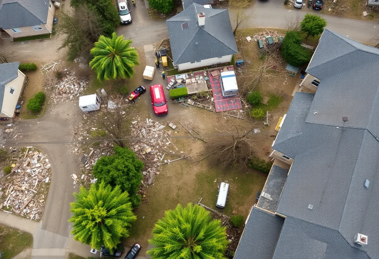 Drone footage showing extensive damage from a storm in Kentucky, with debris and emergency personnel.