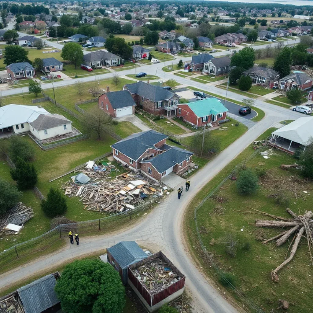 Destruction caused by tornado in Kentucky with emergency responders