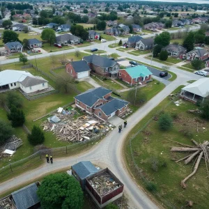 Destruction caused by tornado in Kentucky with emergency responders